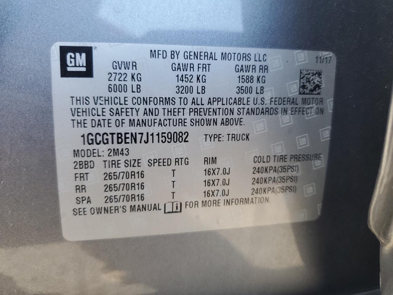 2018 Chevrolet Colorado VIN: 1GCGTBEN7J1159082 Lot: 90795875