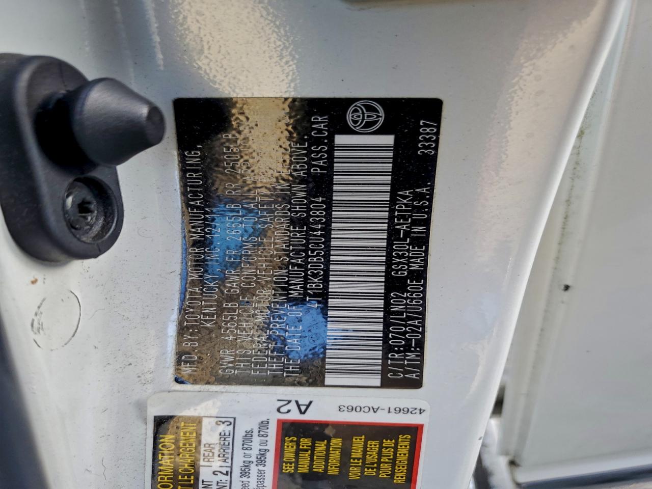 2012 Toyota Avalon Base VIN: 4T1BK3DB5CU443804 Lot: 94596445