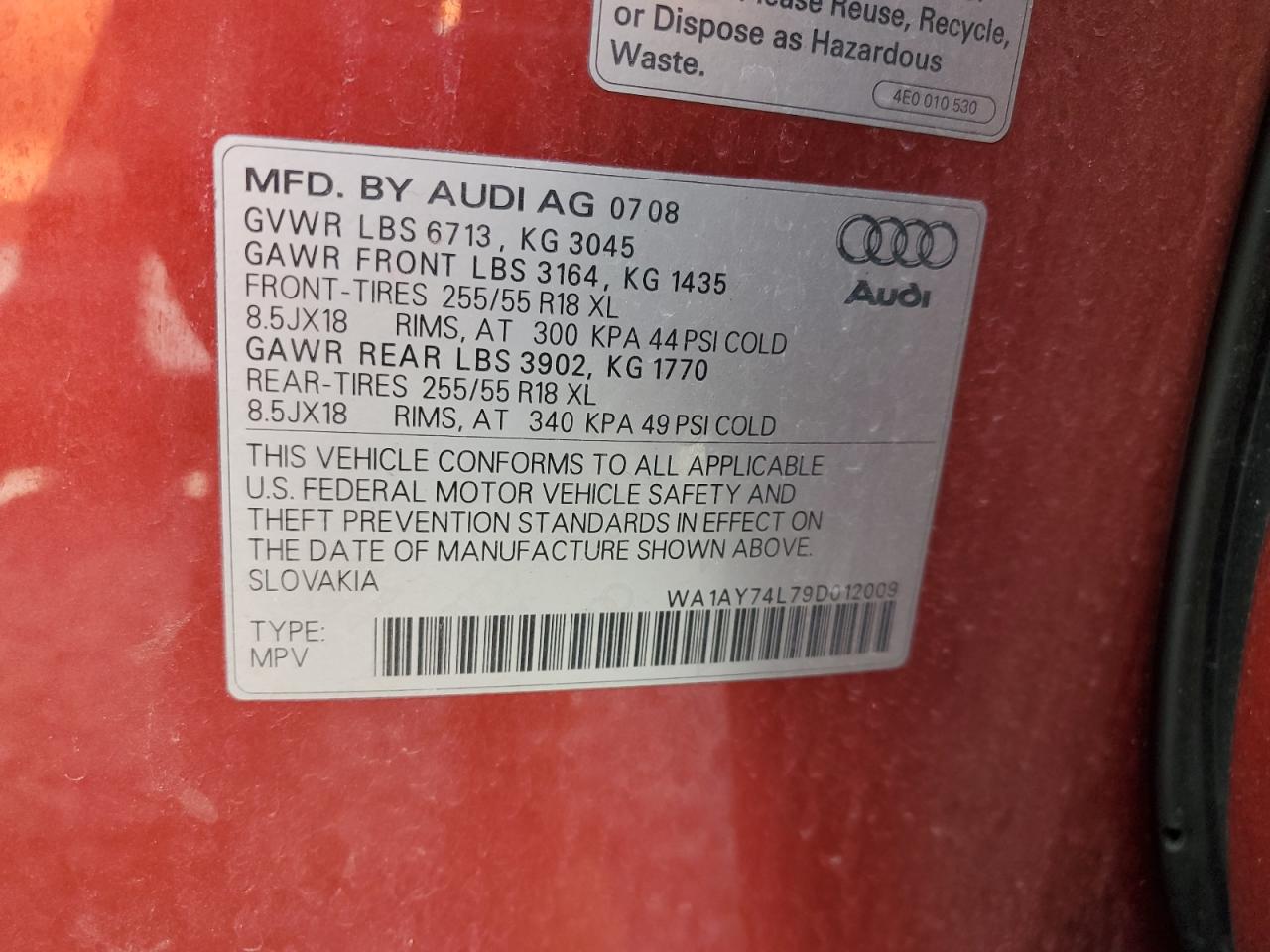 2009 Audi Q7 3.6 Quattro VIN: WA1AY74L79D012009 Lot: 91224585