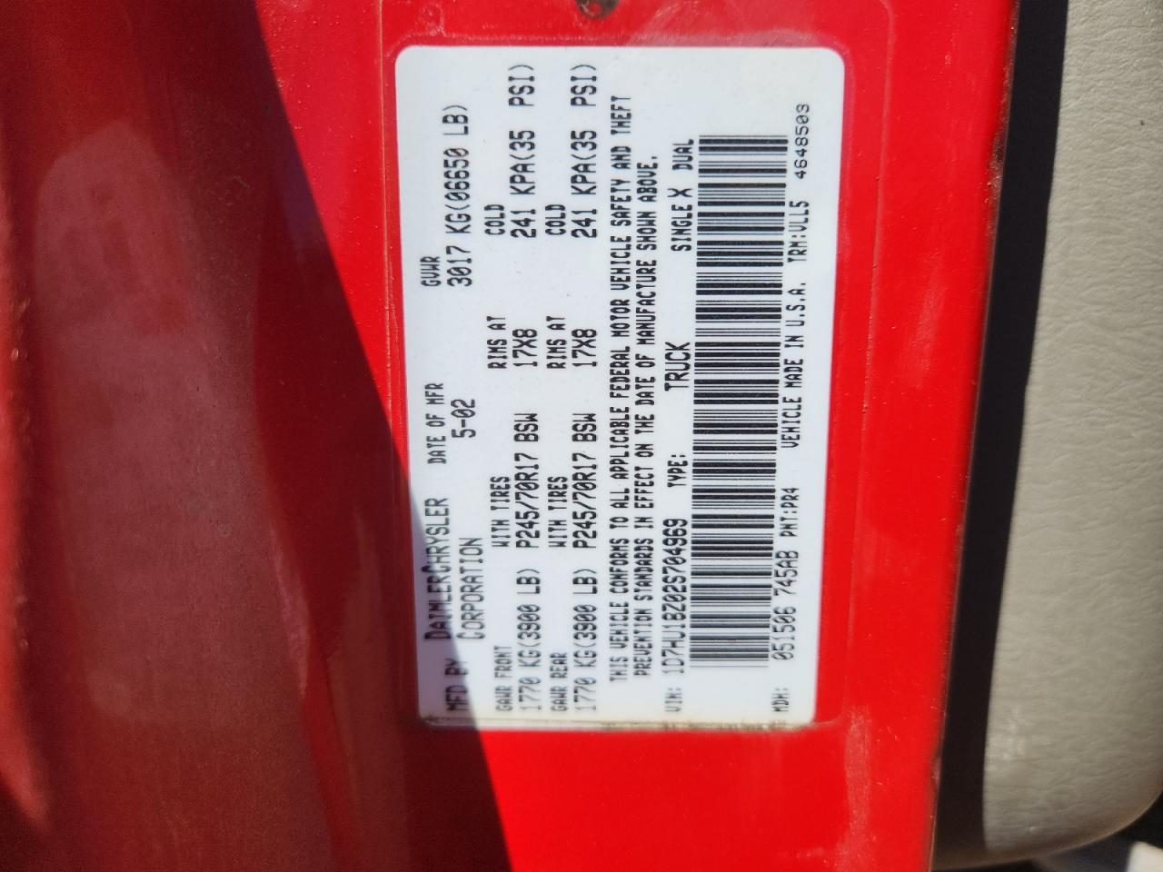 2002 Dodge Ram 1500 VIN: 1D7HU18Z02S704969 Lot: 90808725