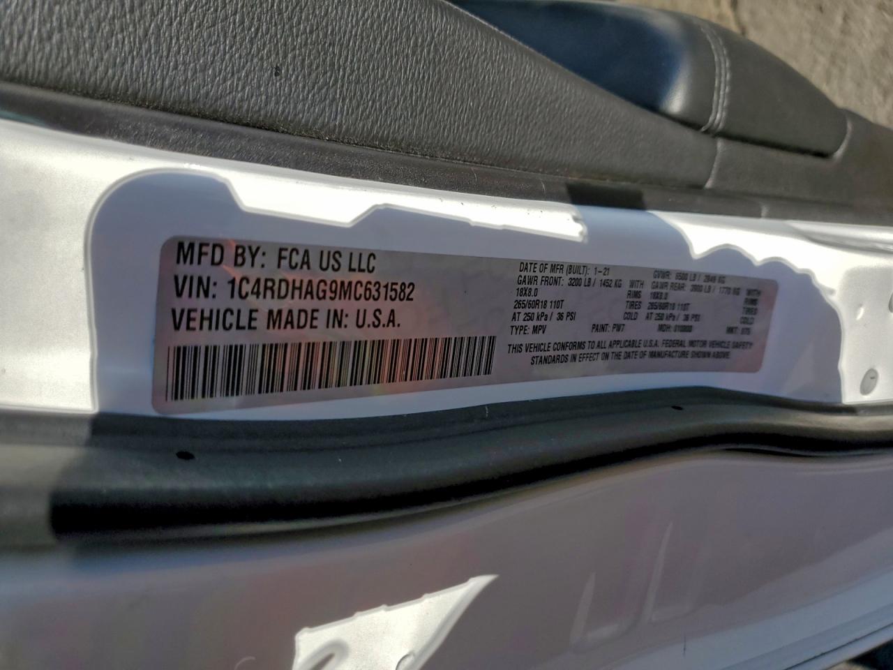 2021 Dodge Durango Sxt VIN: 1C4RDHAG9MC631582 Lot: 94529395