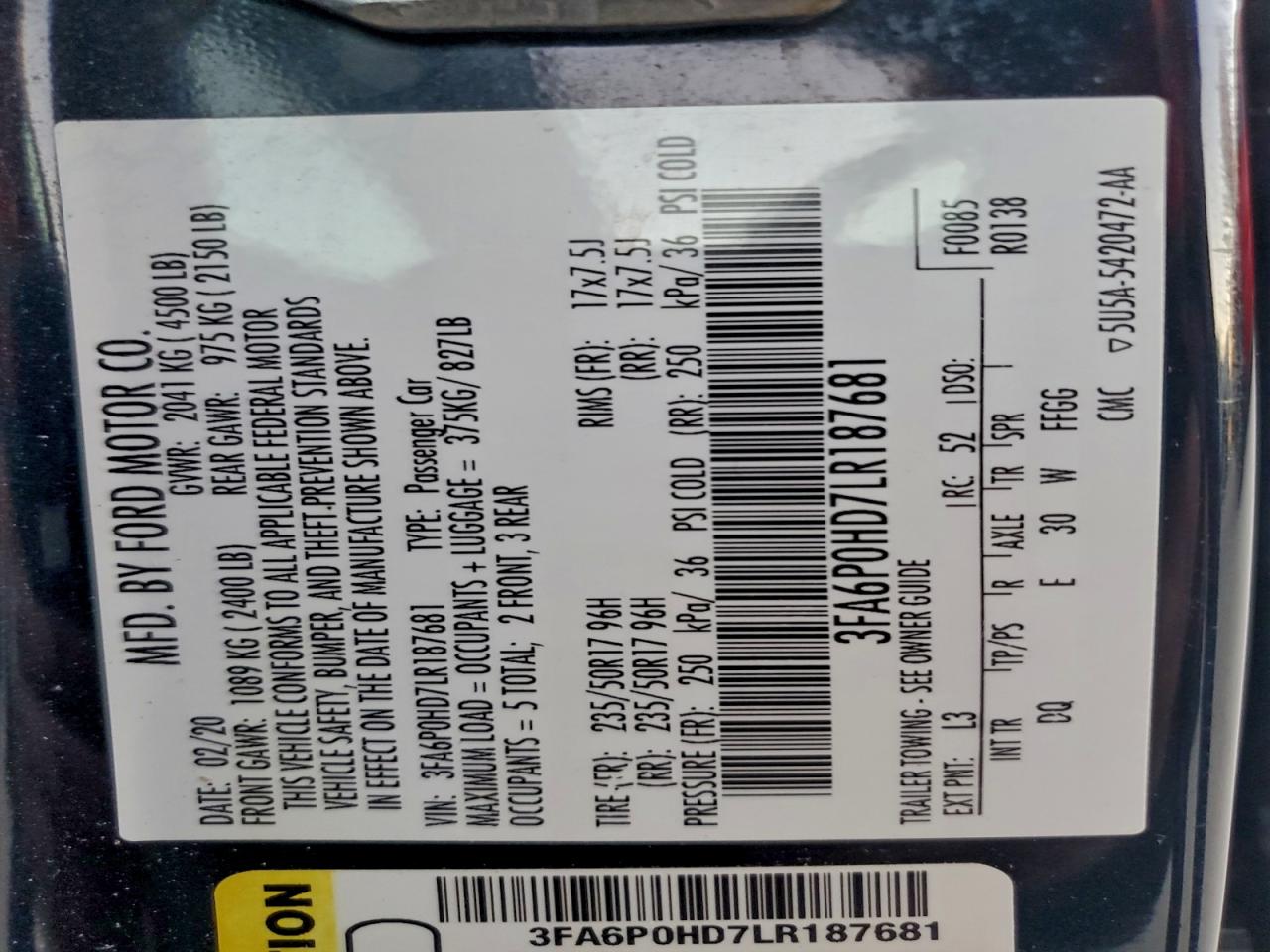 2020 Ford Fusion Se VIN: 3FA6P0HD7LR187681 Lot: 94043615