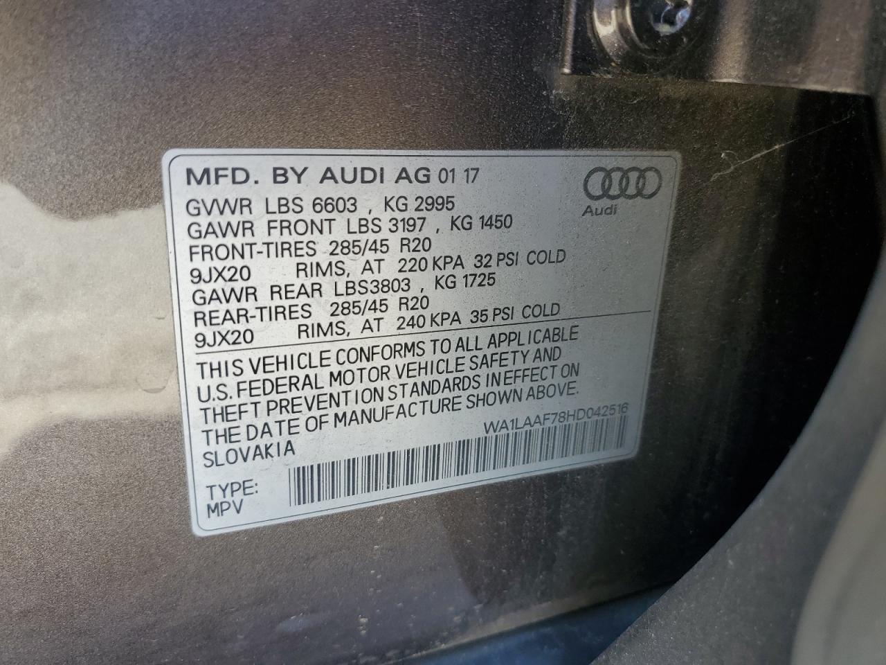 2017 Audi Q7 Premium Plus VIN: WA1LAAF78HD042516 Lot: 91732115