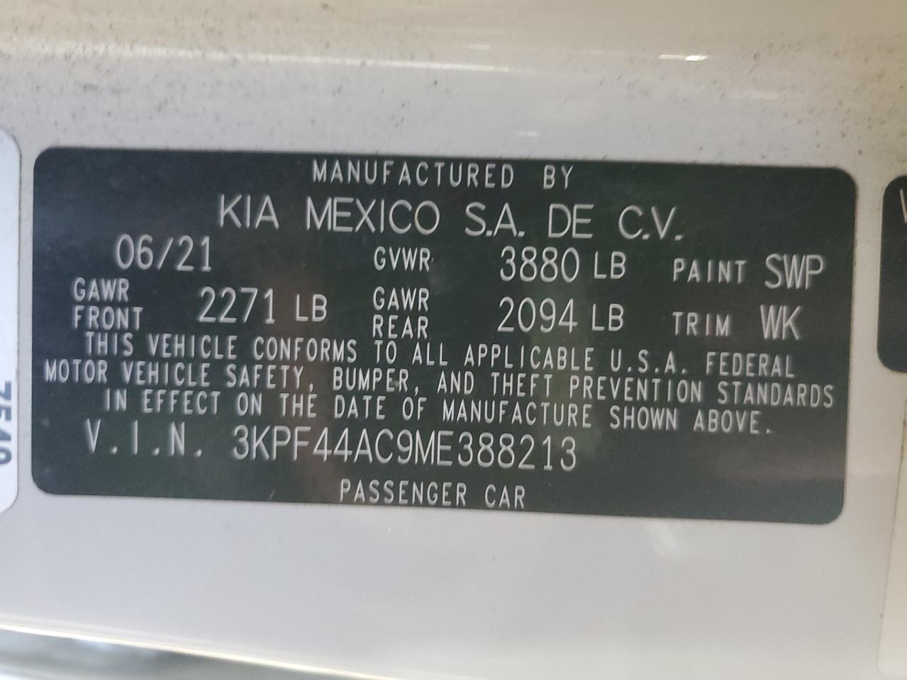 2021 Kia Forte Gt VIN: 3KPF44AC9ME388213 Lot: 92324655