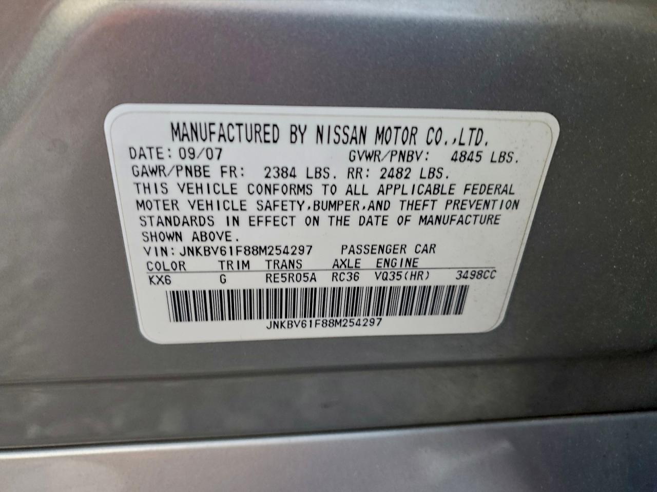 2008 Infiniti G35 VIN: JNKBV61F88M254297 Lot: 93972375