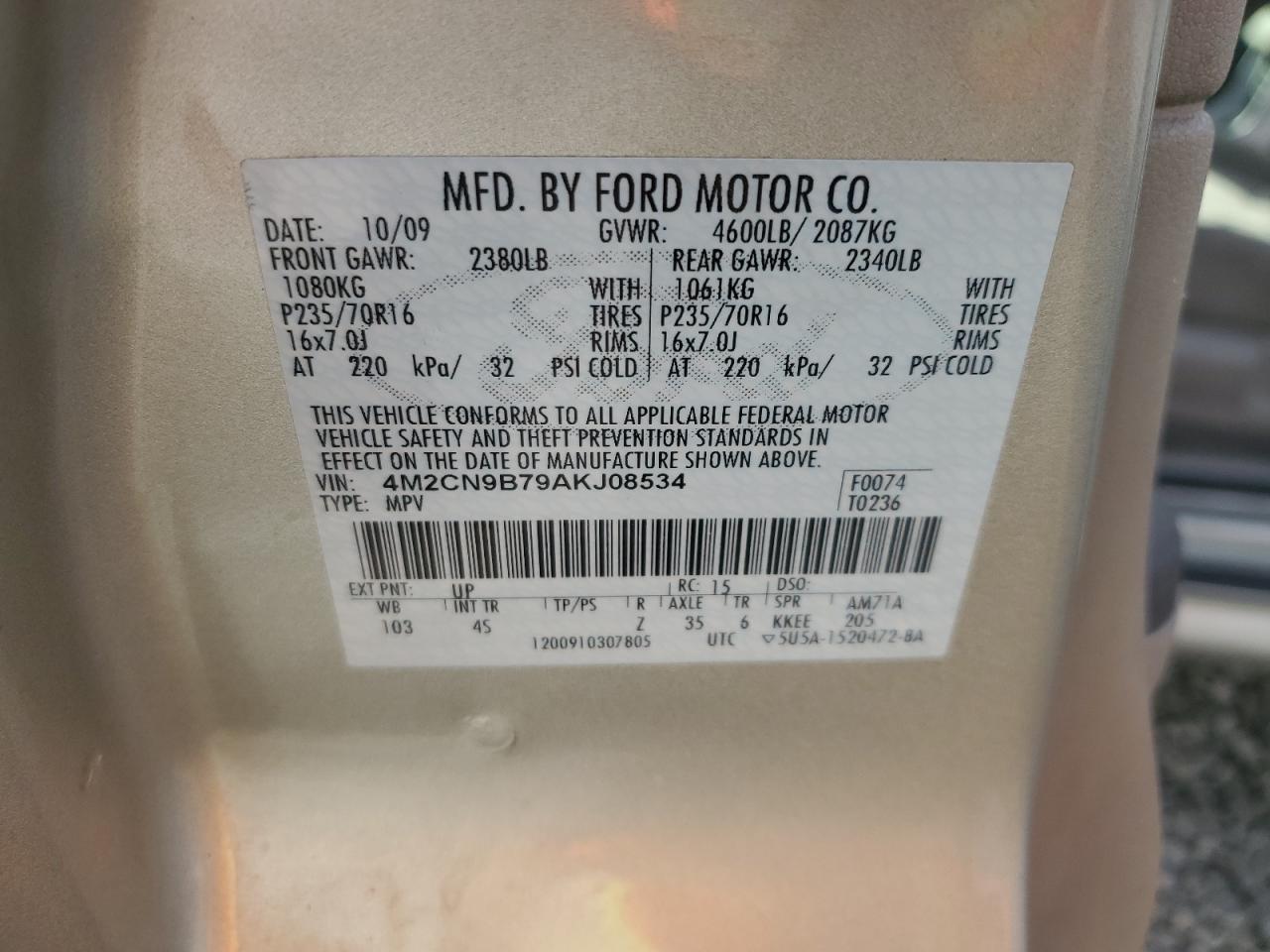 2010 Mercury Mariner VIN: 4M2CN9B79AKJ08534 Lot: 91831435