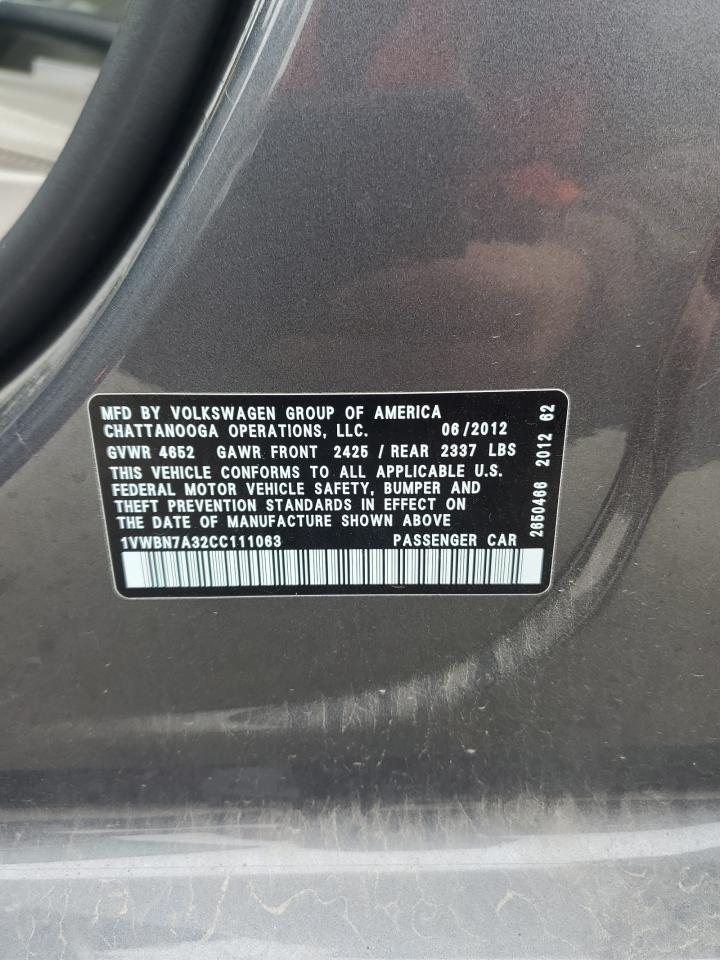 2012 Volkswagen Passat Se VIN: 1VWBN7A32CC111063 Lot: 93434165