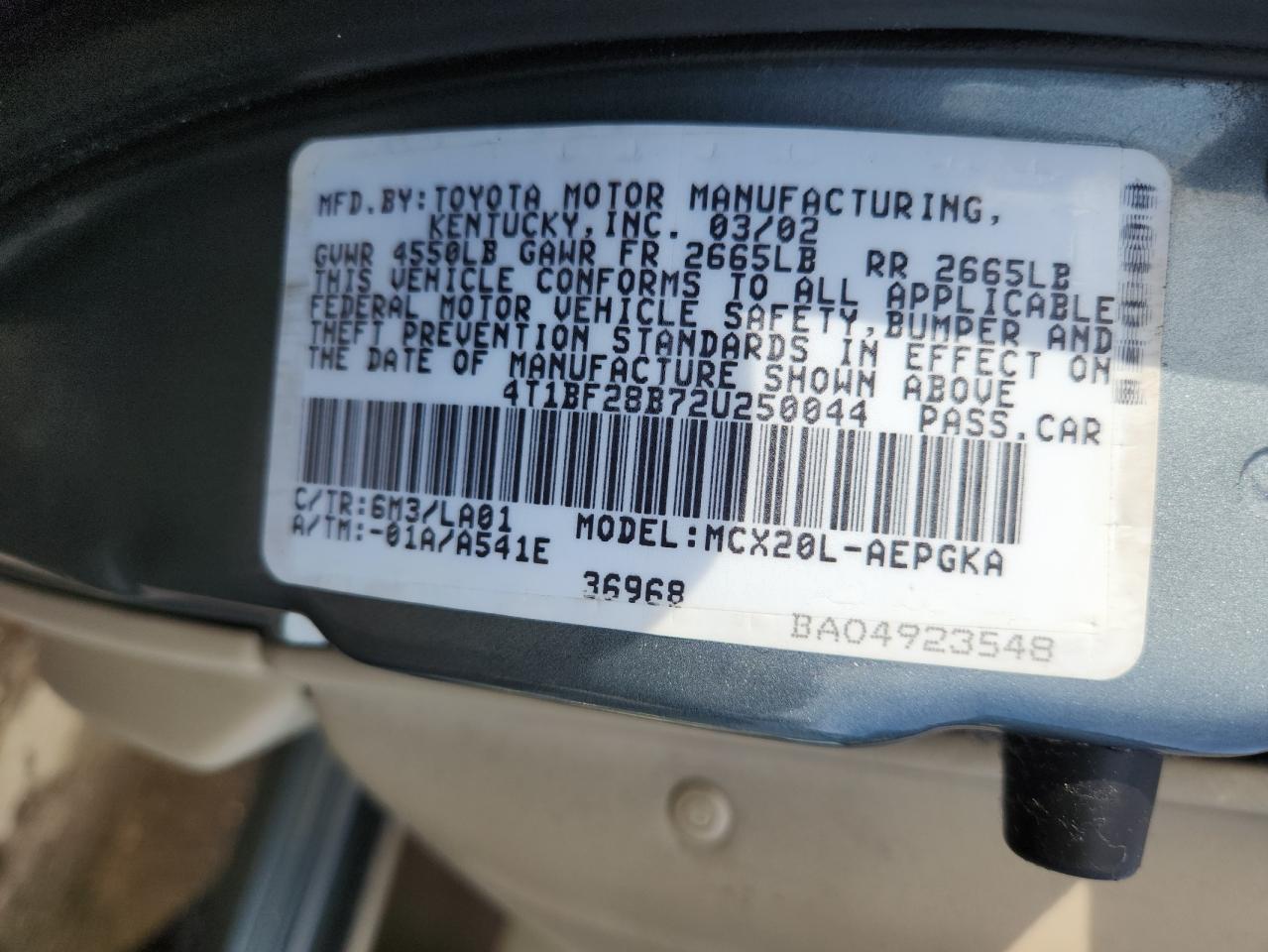 2002 Toyota Avalon Xl VIN: 4T1BF28B72U250044 Lot: 93024485