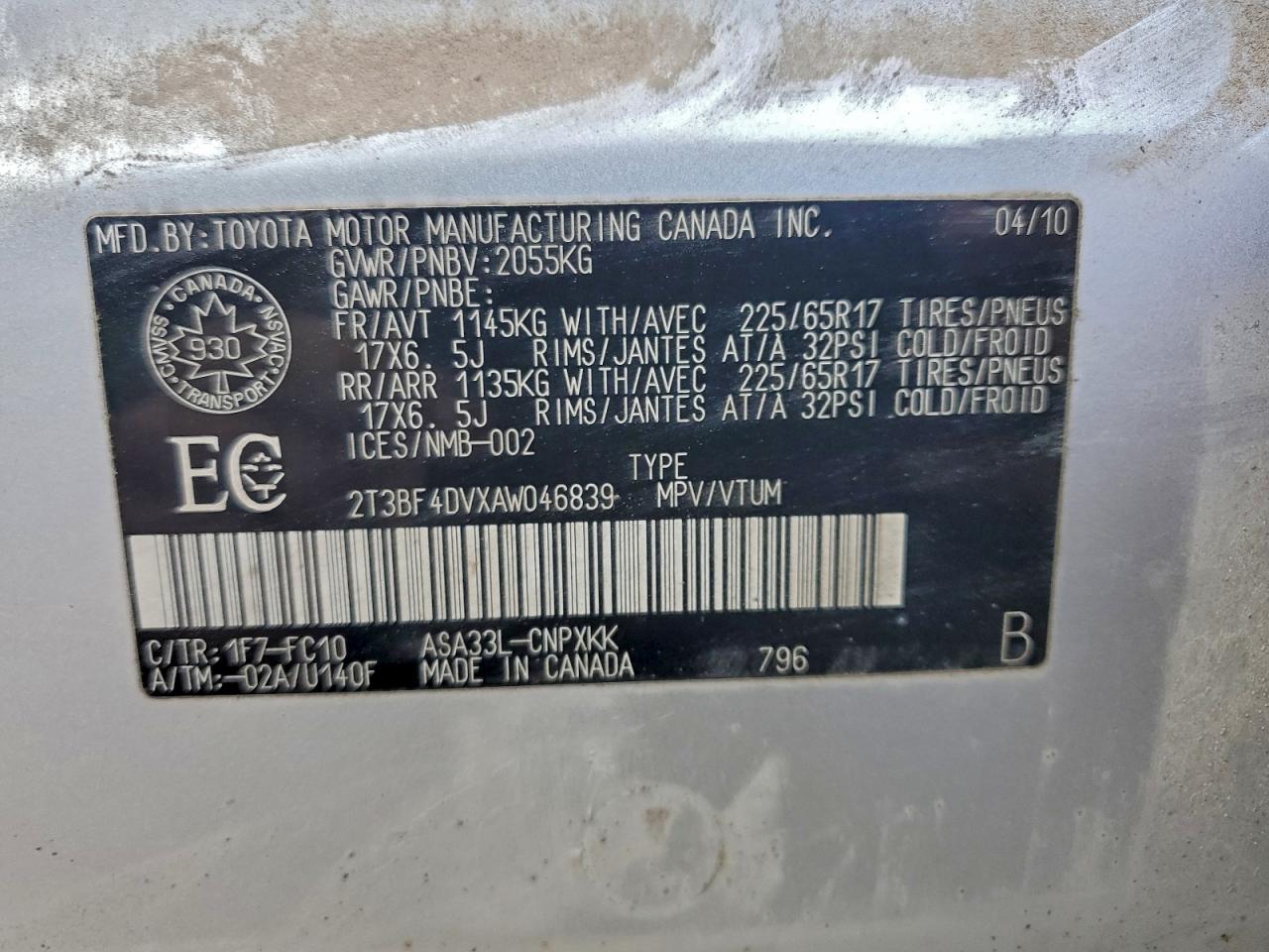 2010 Toyota Rav4 VIN: 2T3BF4DVXAW046839 Lot: 94720035