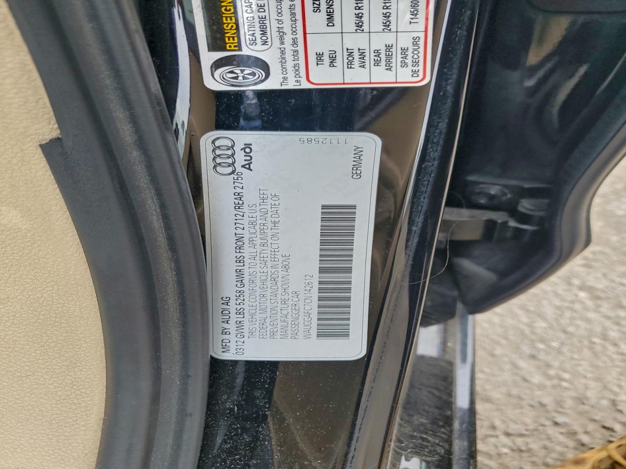 2012 Audi A6 Premium Plus VIN: WAUGGAFC7CN142612 Lot: 93259975