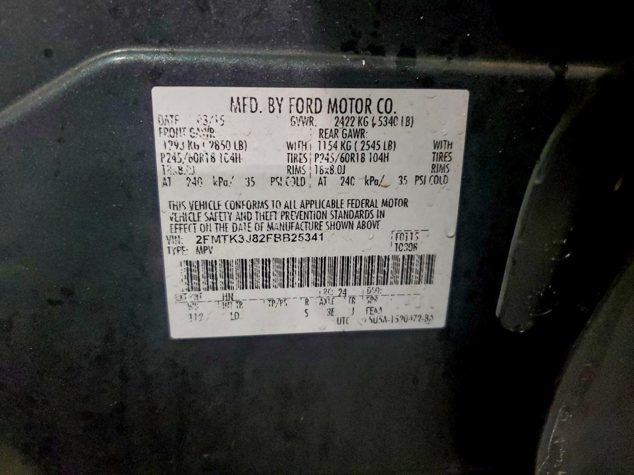 2015 Ford Edge Sel VIN: 2FMTK3J82FBB25341 Lot: 94579675