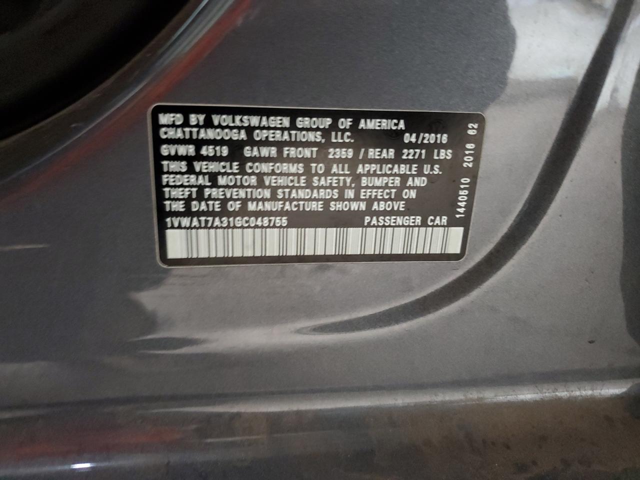 2016 Volkswagen Passat S VIN: 1VWAT7A31GC048755 Lot: 92755535