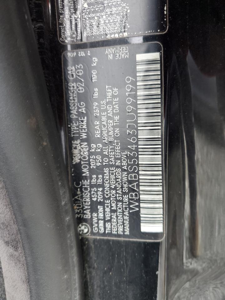 2003 BMW 330 Ci VIN: WBABS53463JU99199 Lot: 92555905