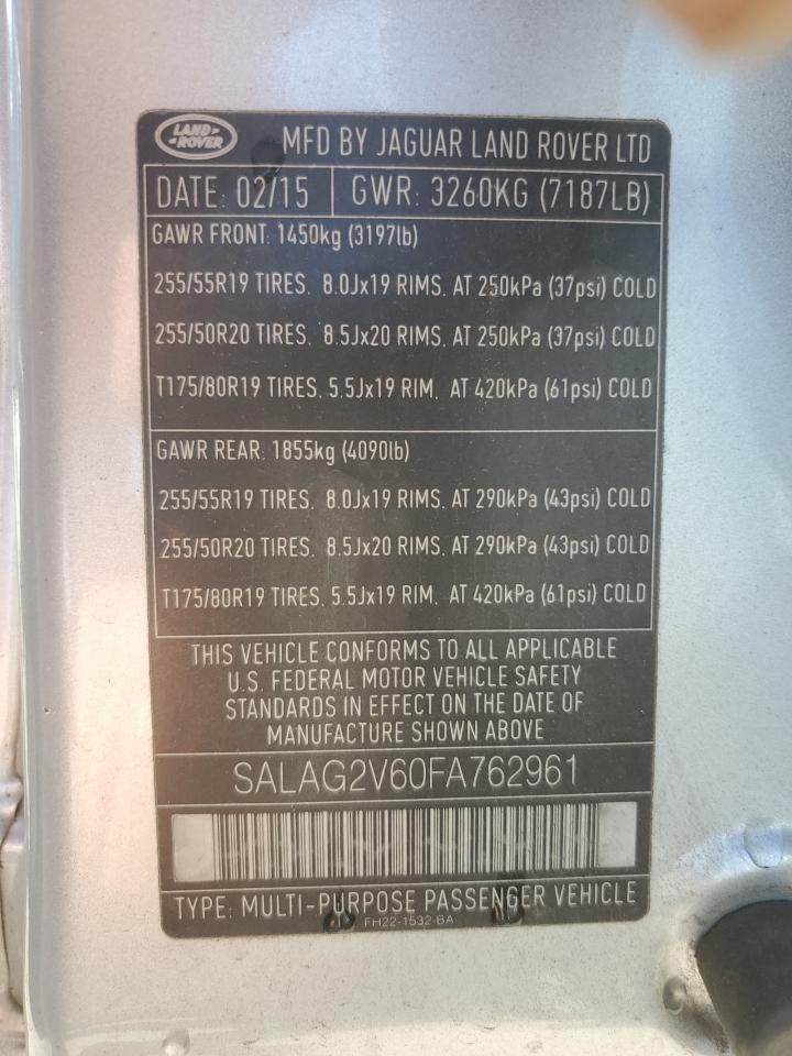 2015 Land Rover Lr4 Hse VIN: SALAG2V60FA762961 Lot: 92346315