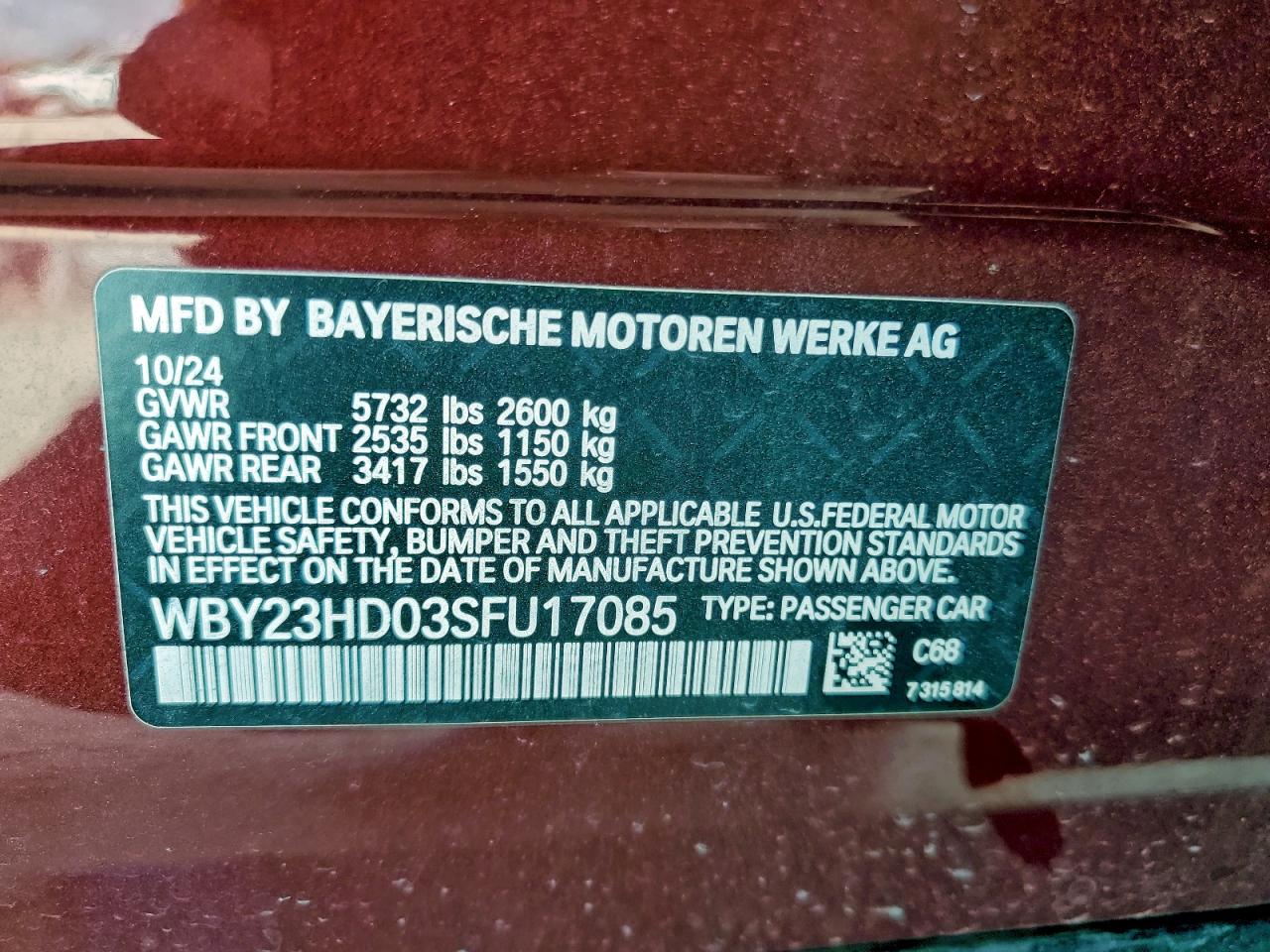 2025 BMW I4 Edrive 40 VIN: WBY23HD03SFU17085 Lot: 94681765