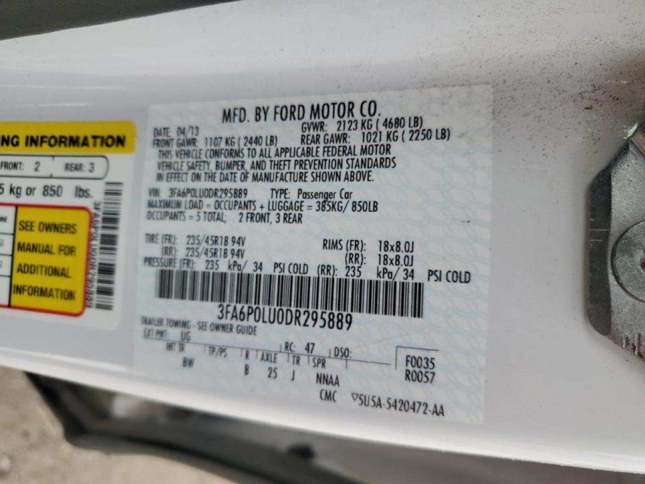 2013 Ford Fusion Se Hybrid VIN: 3FA6P0LU0DR295889 Lot: 92395485