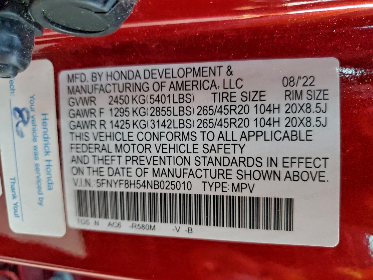 2022 Honda Passport Exl VIN: 5FNYF8H54NB025010 Lot: 93985635
