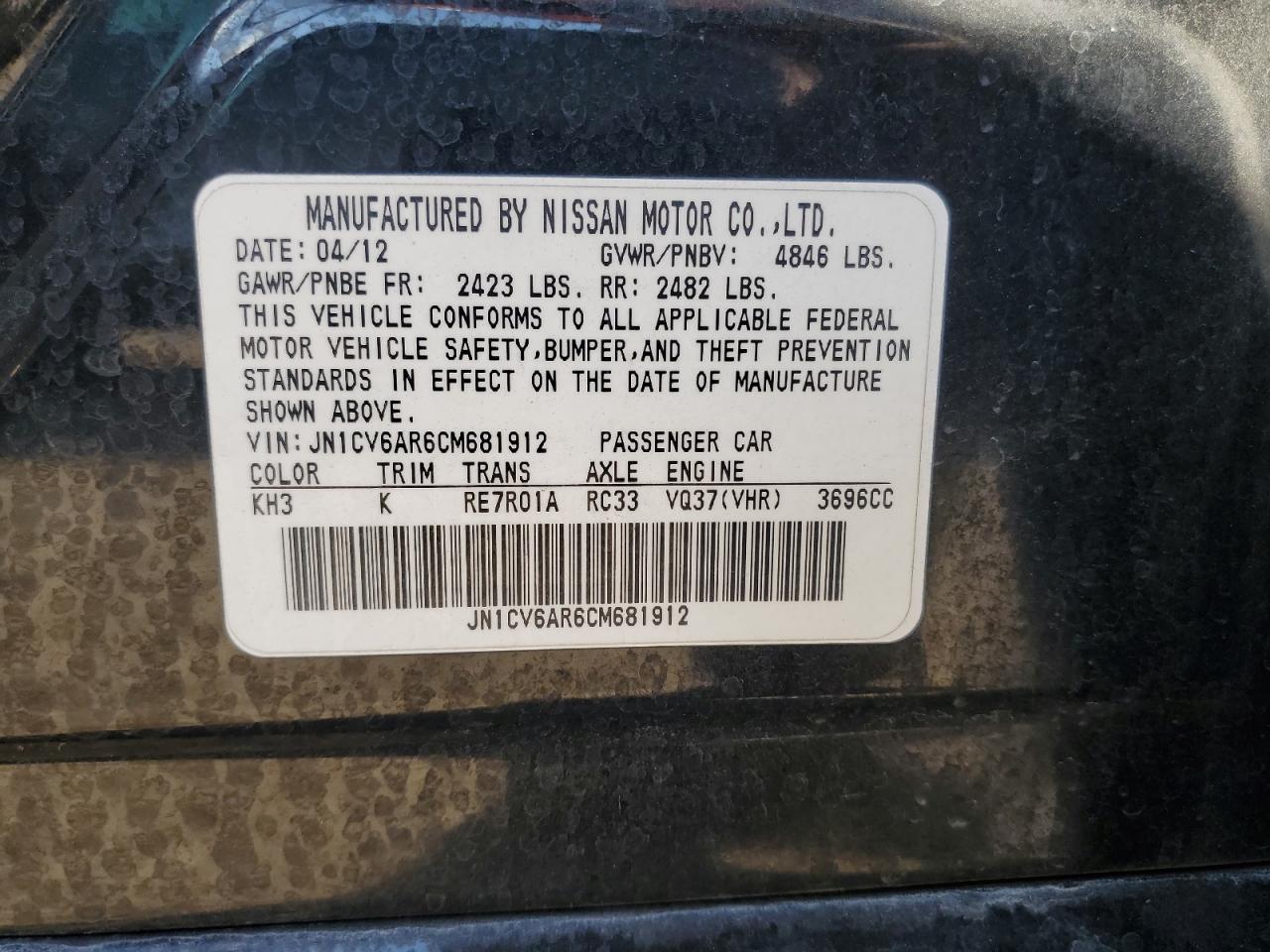 2012 Infiniti G37 VIN: JN1CV6AR6CM681912 Lot: 92376735