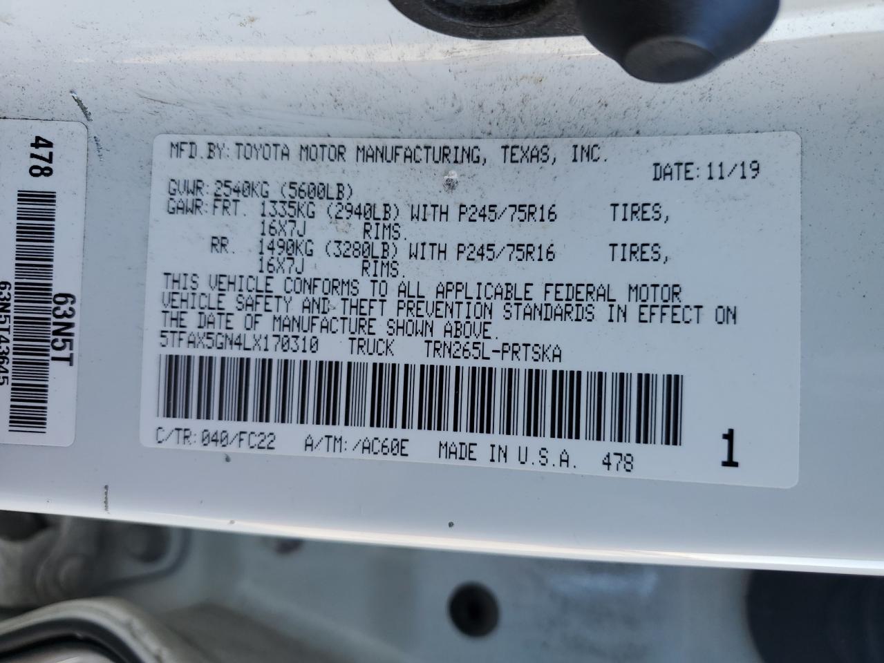 2020 Toyota Tacoma Double Cab VIN: 5TFAX5GN4LX170310 Lot: 91175505