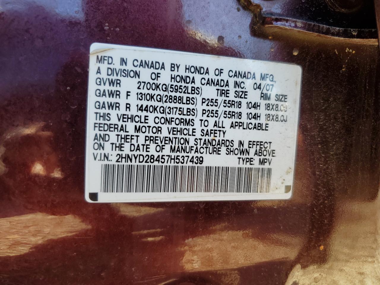 2007 Acura Mdx Technology VIN: 2HNYD28457H537439 Lot: 90883915