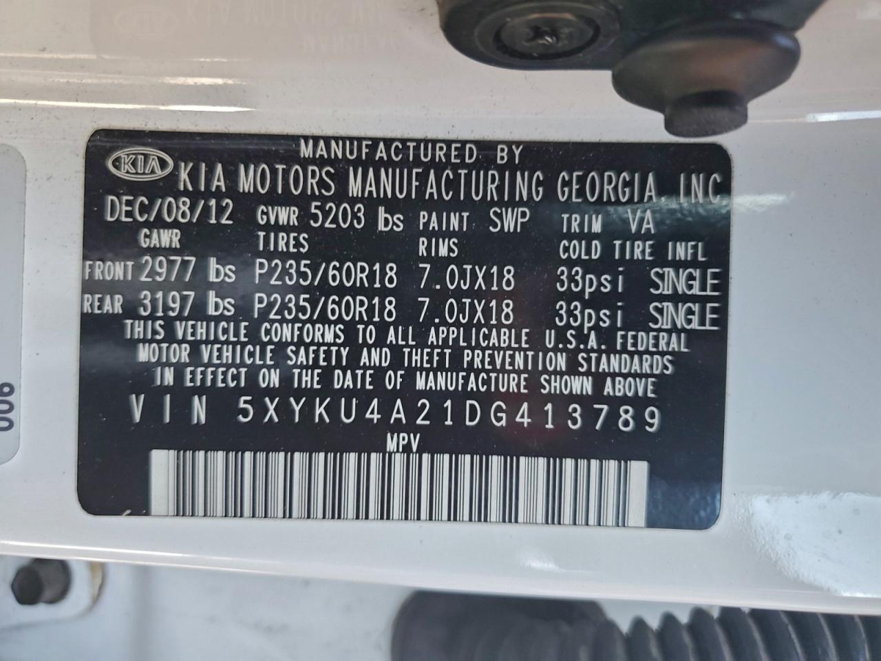 2013 Kia Sorento Ex VIN: 5XYKU4A21DG413789 Lot: 93966385