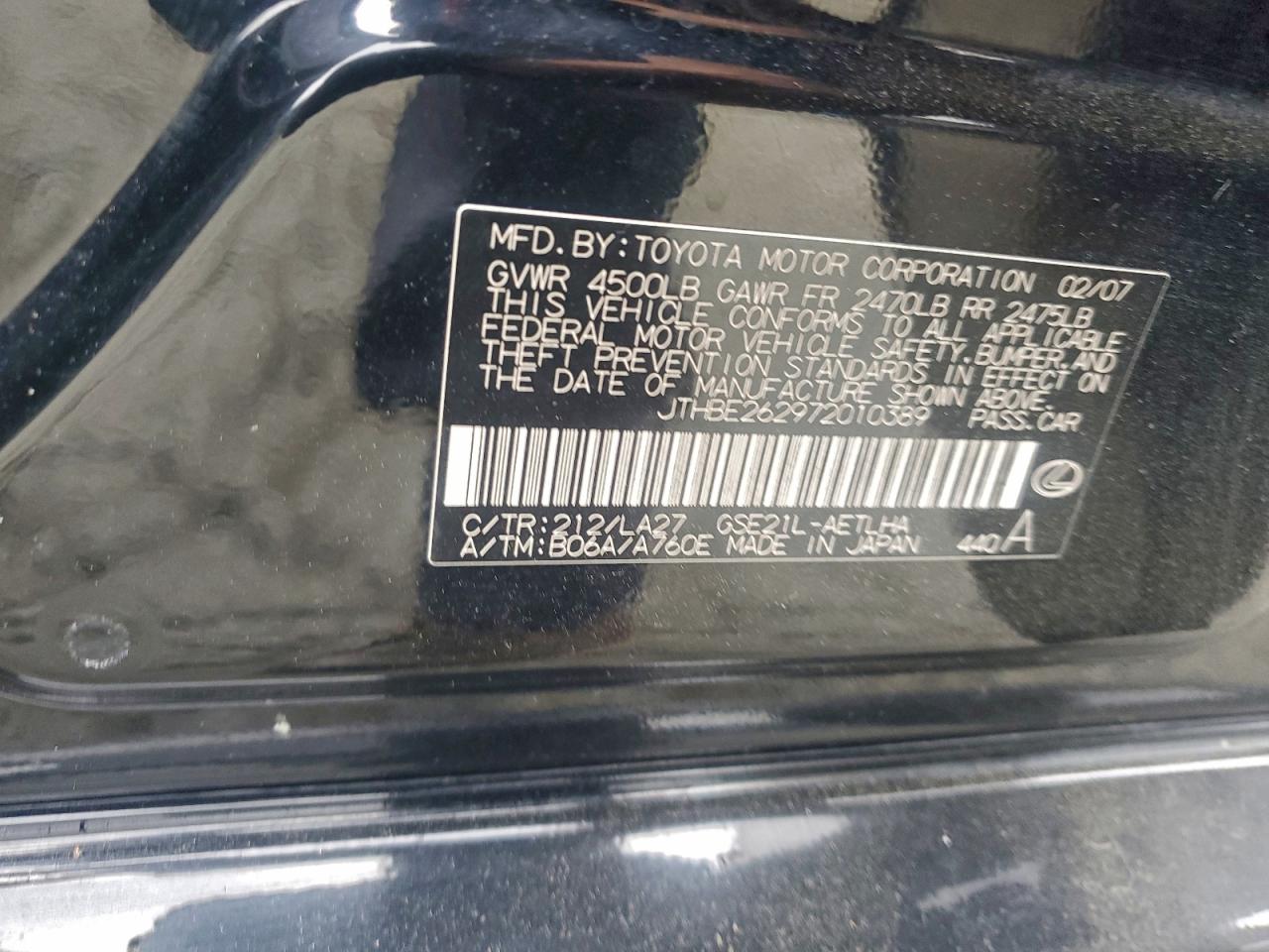 2007 Lexus Is 350 VIN: JTHBE262972010389 Lot: 94505875