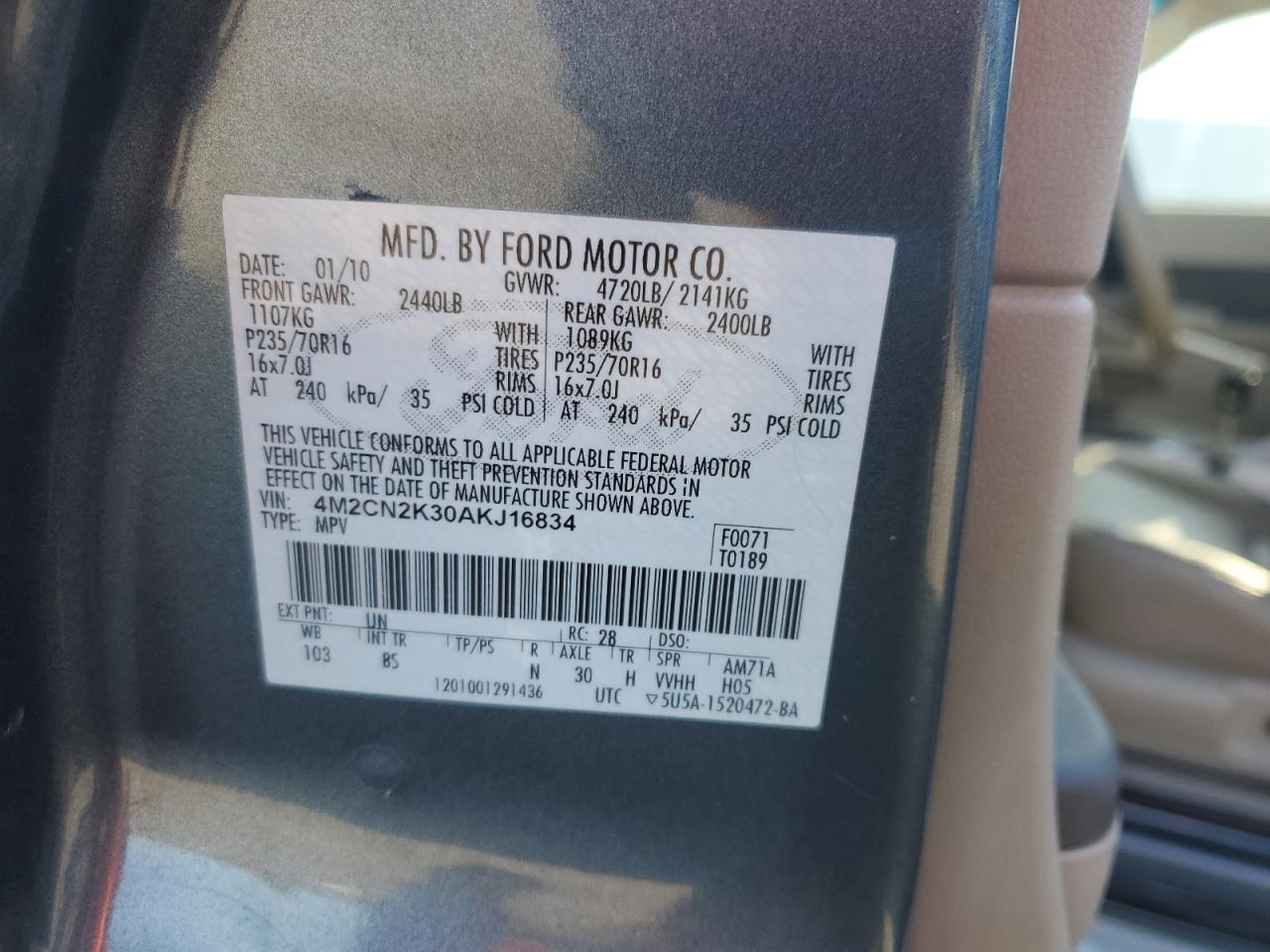 2010 Mercury Mariner Hybrid VIN: 4M2CN2K30AKJ16834 Lot: 92982885