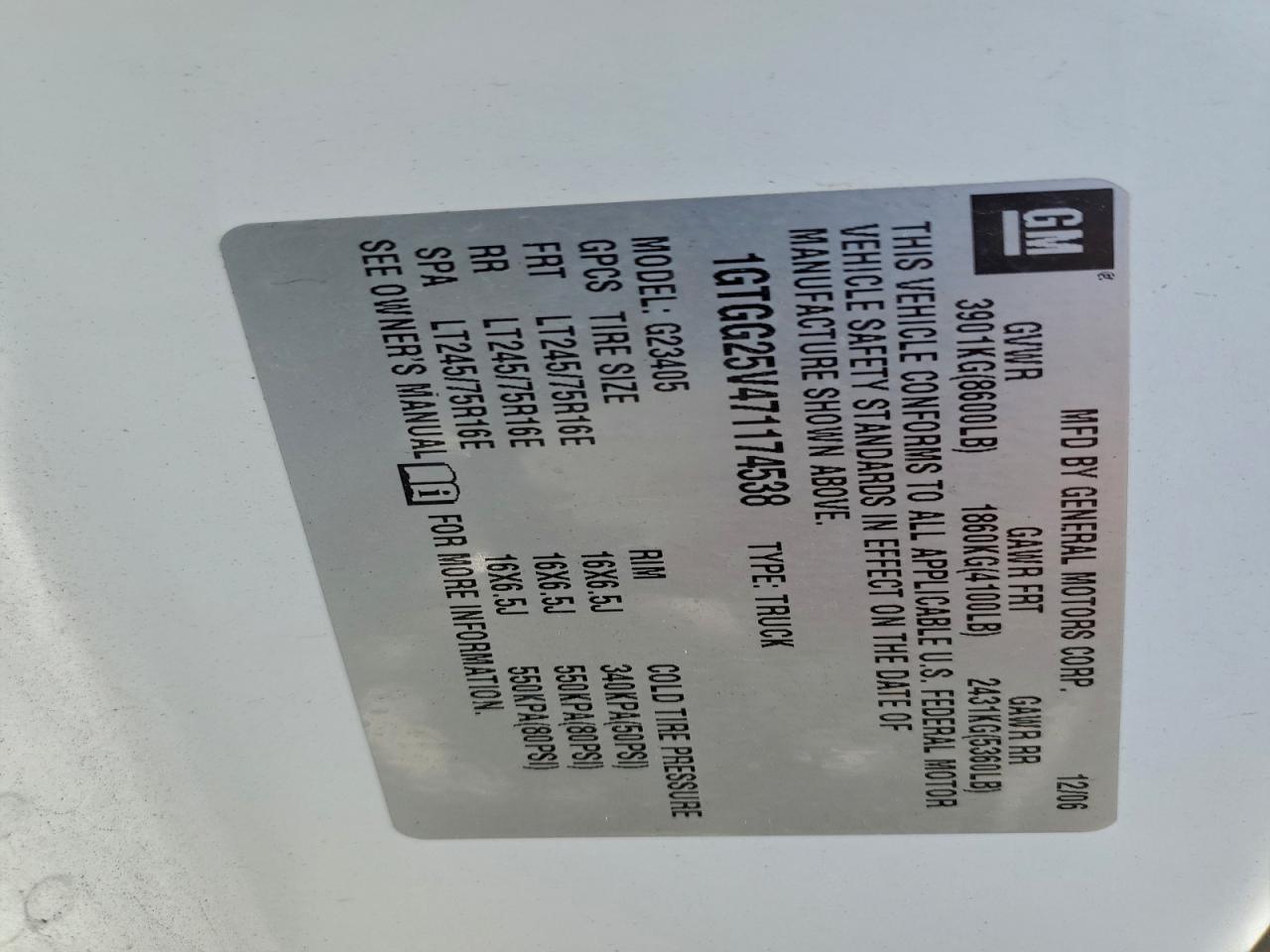 2007 GMC Savana G2500 VIN: 1GTGG25V471174538 Lot: 94791595