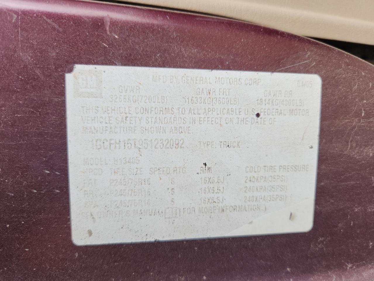 2005 Chevrolet Express G1500 VIN: 1GCFH15T951232092 Lot: 85413685