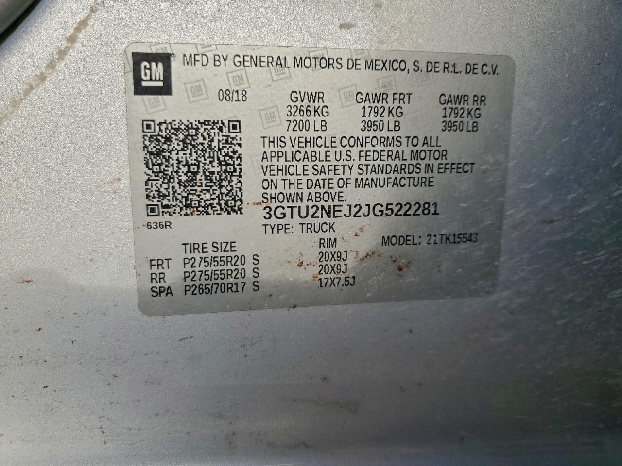 2018 GMC Sierra K1500 Slt VIN: 3GTU2NEJ2JG522281 Lot: 94272515