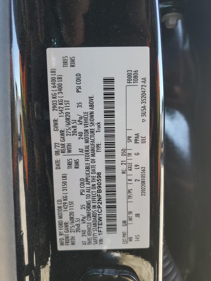 2022 Ford F150 Supercrew VIN: 1FTEW1CP2NFB90598 Lot: 92056135