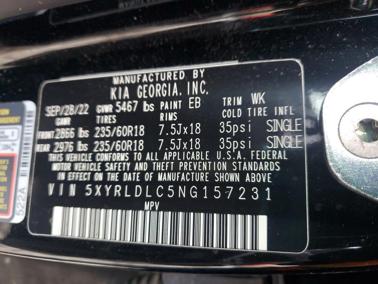 2022 Kia Sorento S VIN: 5XYRLDLC5NG157231 Lot: 92235685