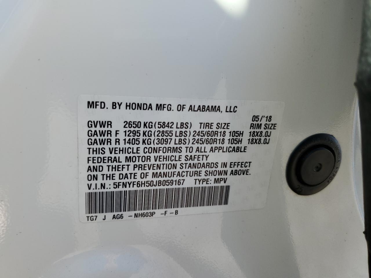 2018 Honda Pilot Exl VIN: 5FNYF6H50JB059167 Lot: 91830035