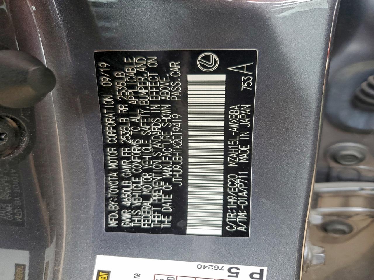 2019 Lexus Ux 250H VIN: JTHU9JBH1K2019419 Lot: 94218725