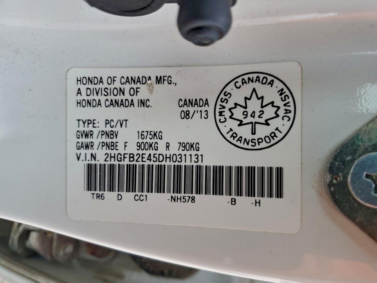 2013 Honda Civic Lx VIN: 2HGFB2E45DH031131 Lot: 94040985