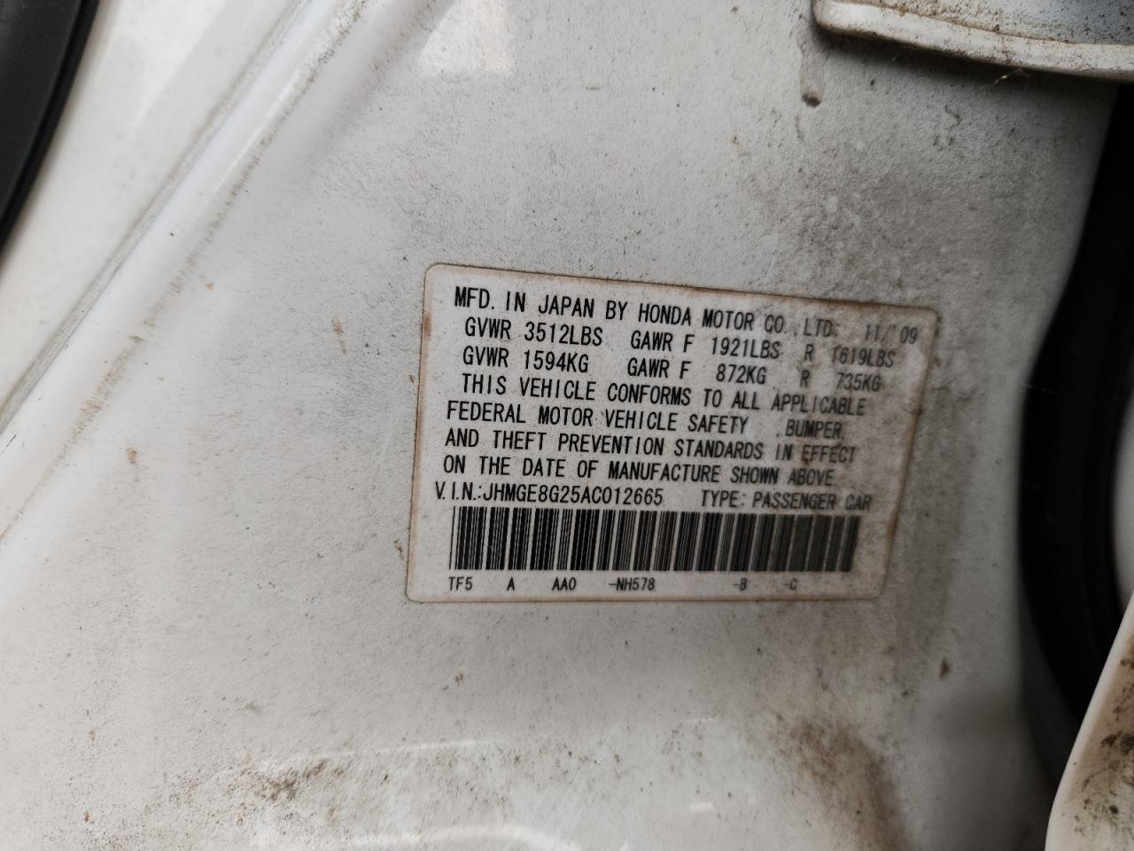 2010 Honda Fit VIN: JHMGE8G25AC012665 Lot: 91306135