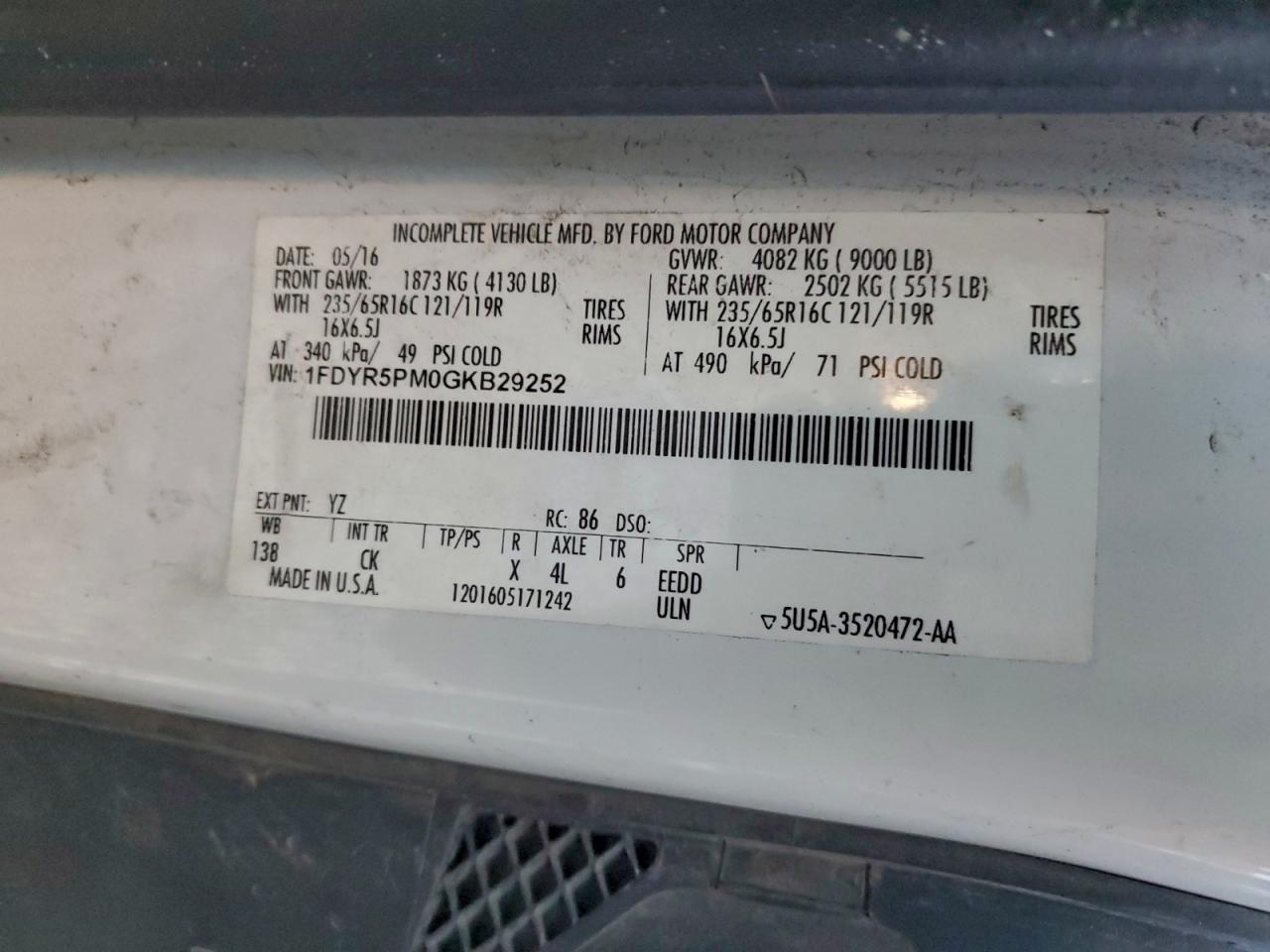 2016 Ford Transit T-250 VIN: 1FDYR5PM0GKB29252 Lot: 93770485