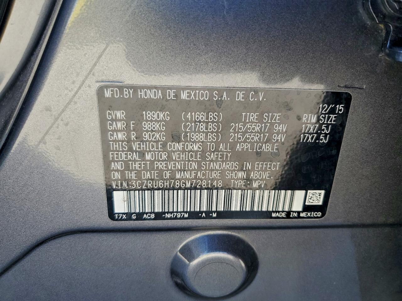 2016 Honda Hr-V Exl VIN: 3CZRU6H78GM728148 Lot: 94134035