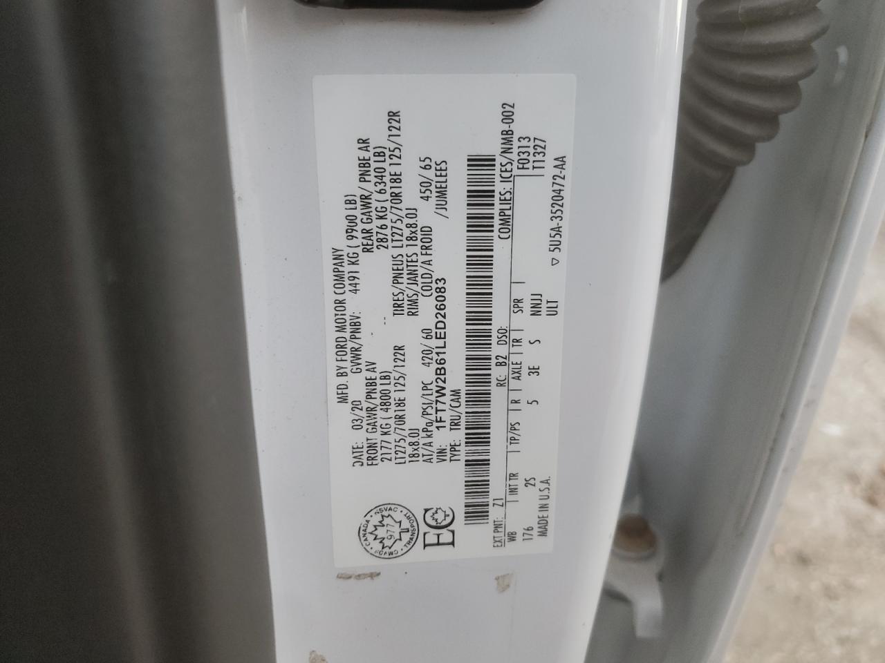 2020 Ford F250 Super Duty VIN: 1FT7W2B61LED26083 Lot: 91578465