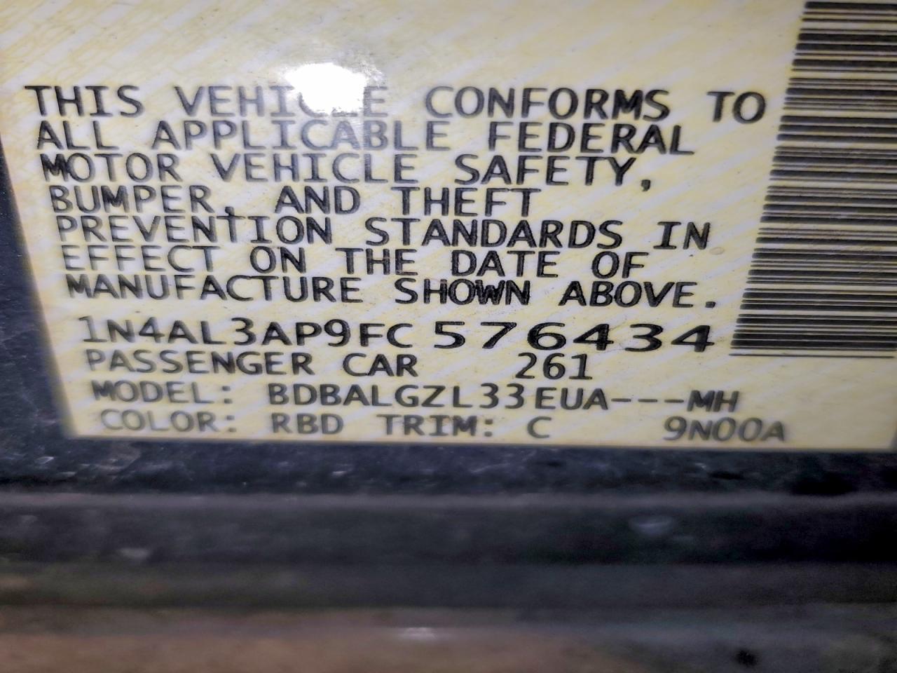 2015 Nissan Altima 2.5 VIN: 1N4AL3AP9FC576434 Lot: 95298255