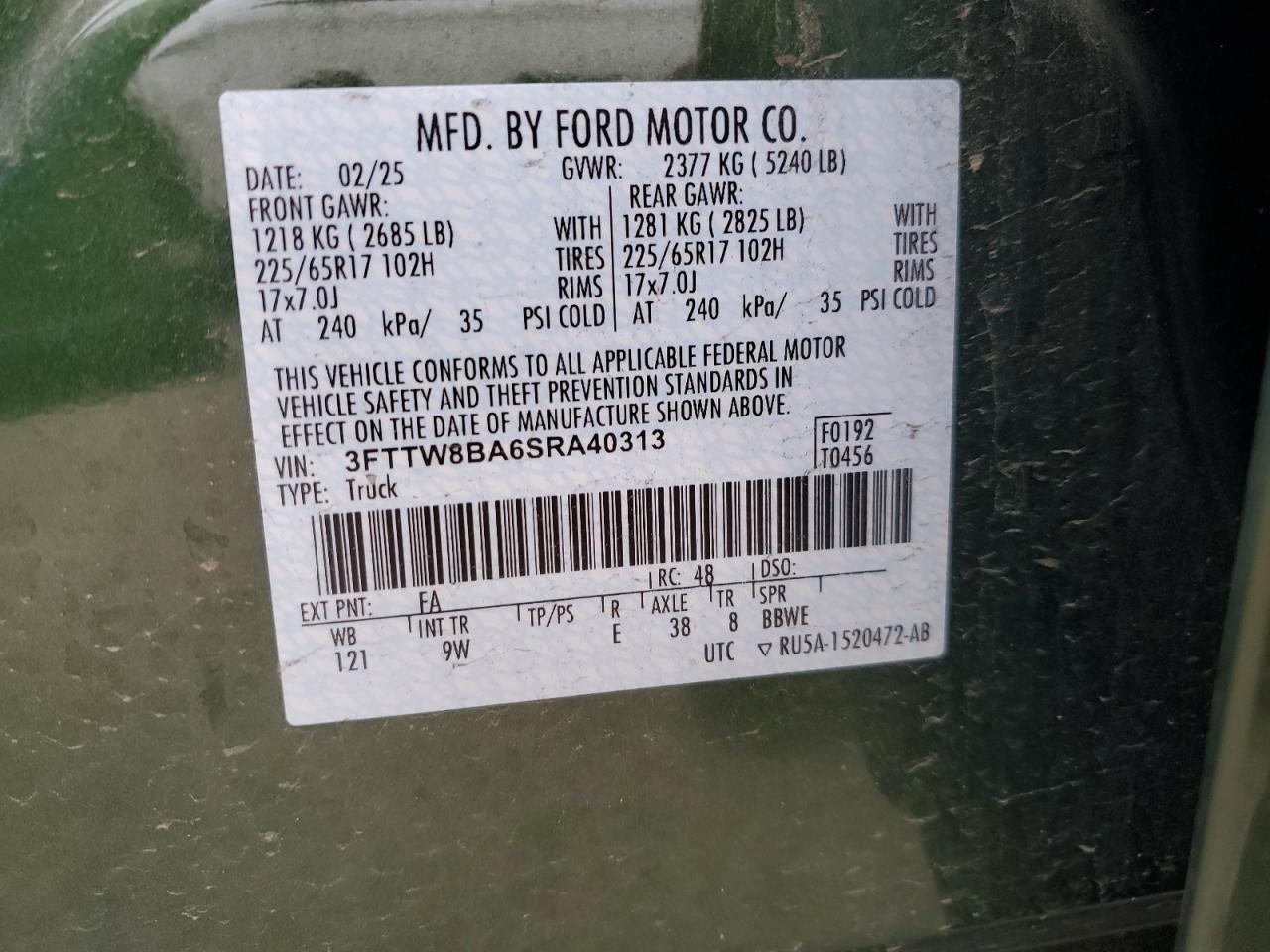 2025 Ford Maverick Xl VIN: 3FTTW8BA6SRA40313 Lot: 91419885