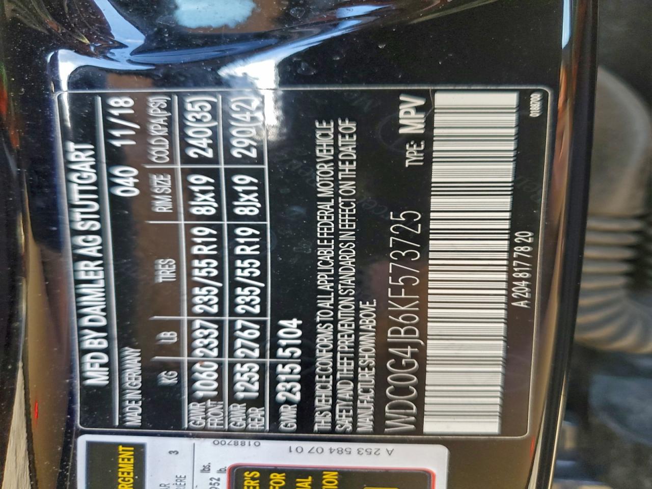 2019 Mercedes-Benz Glc 300 VIN: WDC0G4JB6KF573725 Lot: 94476555