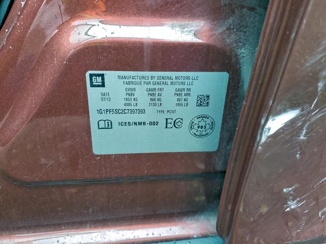 2012 Chevrolet Cruze Lt VIN: 1G1PF5SC2C7397393 Lot: 94330775