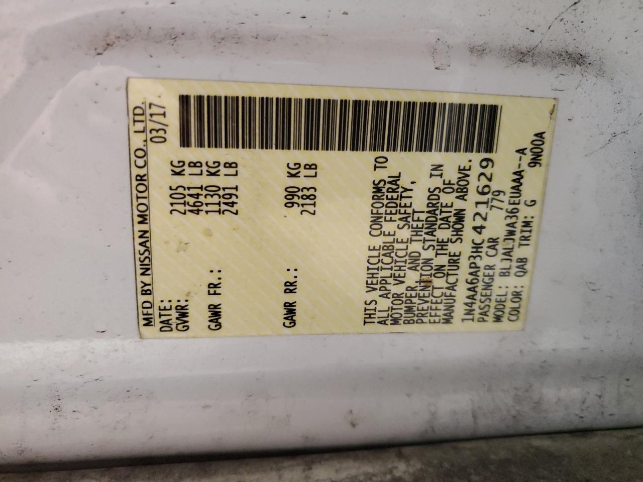 2017 Nissan Maxima 3.5S VIN: 1N4AA6AP3HC421629 Lot: 92696795