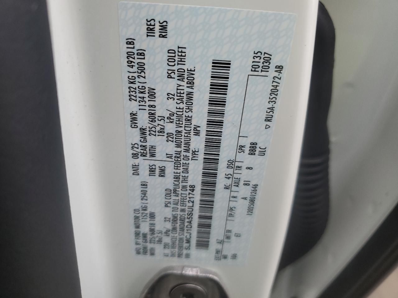 2025 Lincoln Corsair Premiere VIN: 5LMCJ1DA5SUL21748 Lot: 92332655