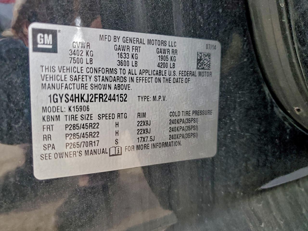 2015 Cadillac Escalade Esv Luxury VIN: 1GYS4HKJ2FR244152 Lot: 93719695