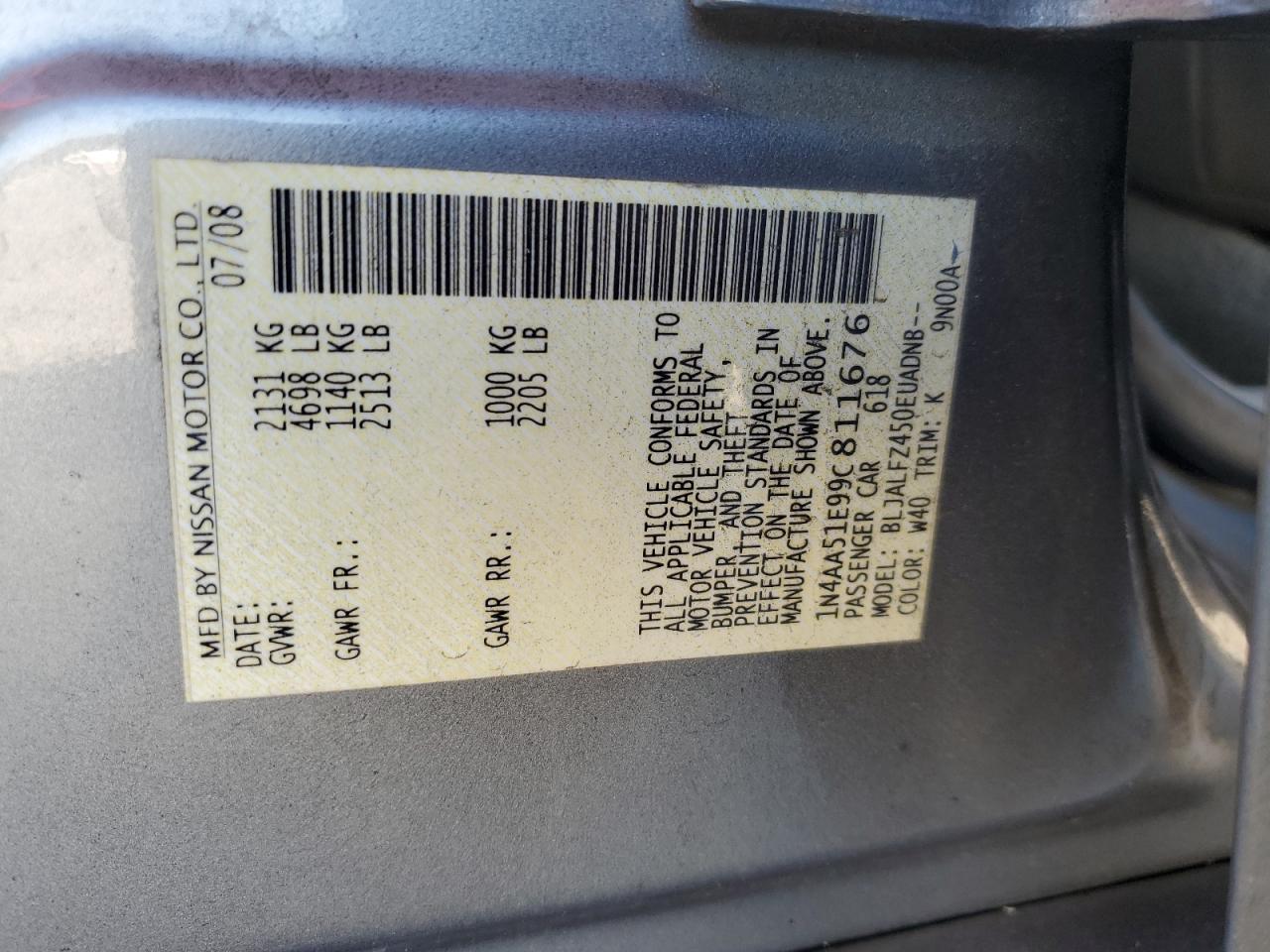 2009 Nissan Maxima S VIN: 1N4AA51E99C811676 Lot: 91108045