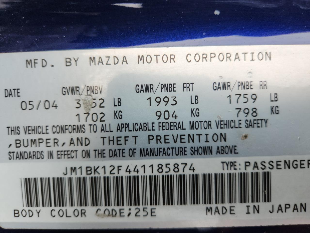 2004 Mazda 3 I VIN: JM1BK12F441185874 Lot: 90315595