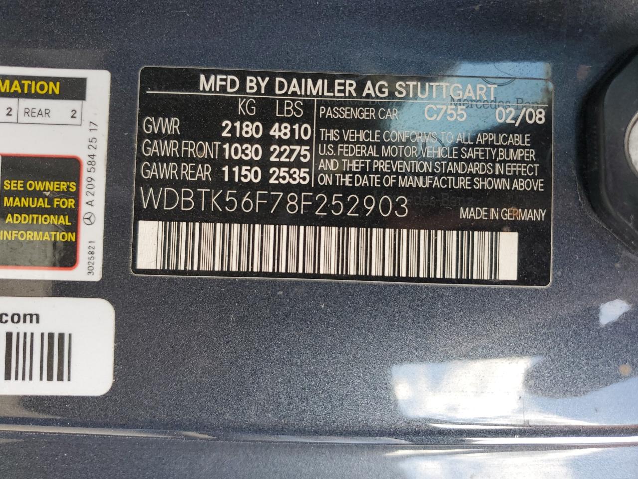 2008 Mercedes-Benz Clk 350 VIN: WDBTK56F78F252903 Lot: 91717015