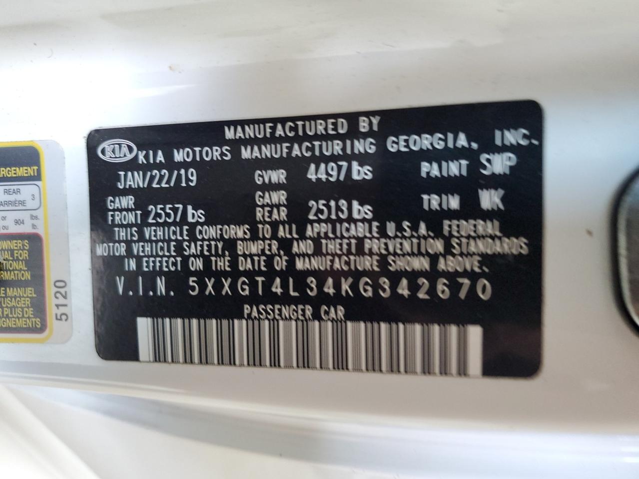 2019 Kia Optima Lx VIN: 5XXGT4L34KG342670 Lot: 91758995